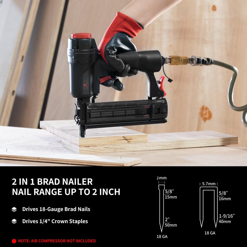 AEROPRO Tools Pneumatic Brad Nailer, 18 Gauge 2 in 1 Air Brad Nail Gun and Staple Gun with 1000pcs Nails for Upholstery, DIY Project, Woodworking - Image 2