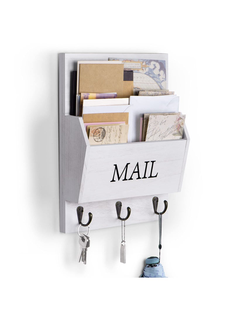 DLQuarts DLQuarts Mail Organizer with Key Holder for Wall Decorative Mail Sorter Wall Mounted Wooden Mail Holder with 3 Hooks White 