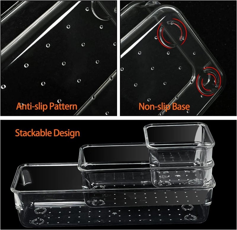 Zeinwap Desk Drawer Organizers rectangular Trays Set Clear Plastic Storage Bins Bathroom Drawer Tray Dividers Vanity Trays Organizer for Bedroom Dresser Makeup Kitchen Utensil Office (6 Pc Tray) - Image 2