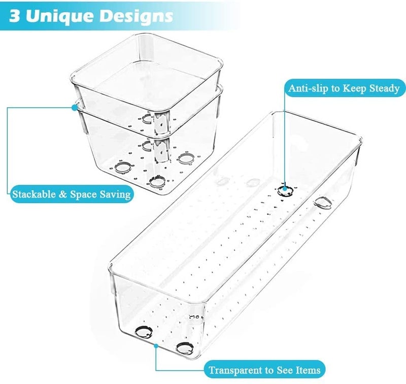 Zeinwap Desk Drawer Organizers rectangular Trays Set Clear Plastic Storage Bins Bathroom Drawer Tray Dividers Vanity Trays Organizer for Bedroom Dresser Makeup Kitchen Utensil Office (6 Pc Tray) - Image 4