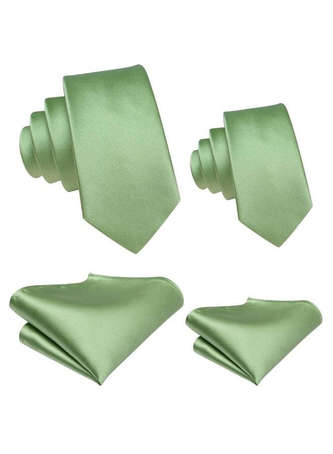 Hi-Tie Father and Son Tie Set Striped Plaid Ties for Men and Boys Silk Necktie Pocket Square Set for Wedding Gifts, Sage Green, M - Image 1