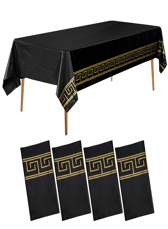 Amatra 4-Pack Disposable Table Cloth 54" x 108" - Luxurious Black Tablecloths for Rectangle Tables - 140g Thick Plastic Covers With Gold Art Margin for Indoor & Outdoor Events - Image 1