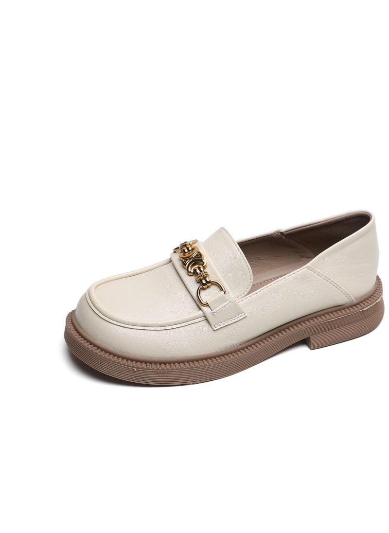 Loquat Vintage Small Leather Shoes College Style Soft Soles Beige  - Image 1