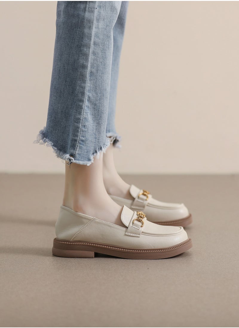 Loquat Vintage Small Leather Shoes College Style Soft Soles Beige  - Image 2