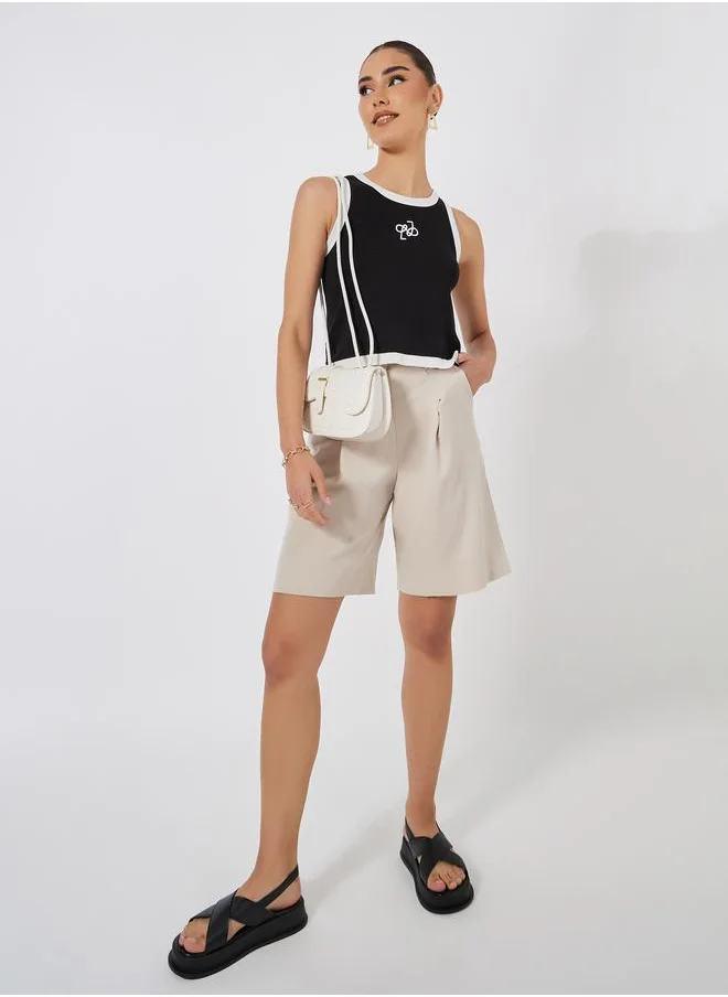 ستايلي Fitted Knit Embroidered Contrast Binding Tank