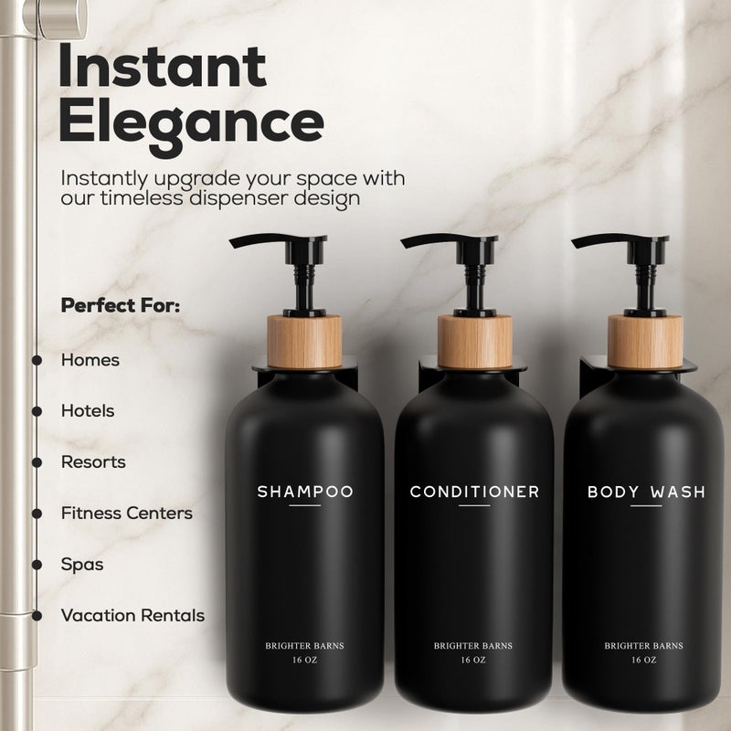 Brighter Barns Black Shampoo and Conditioner Dispenser Set Wall Mounted by Brighter Barns - Shampoo Dispenser for Shower Wall 3 Chamber No Drill - Shower Bottles Refillable with Labels for Bathroom, Airbnb (Black) - Image 2