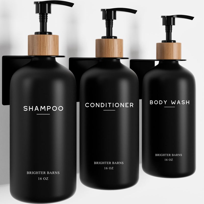 Brighter Barns Black Shampoo and Conditioner Dispenser Set Wall Mounted by Brighter Barns - Shampoo Dispenser for Shower Wall 3 Chamber No Drill - Shower Bottles Refillable with Labels for Bathroom, Airbnb (Black) - Image 1
