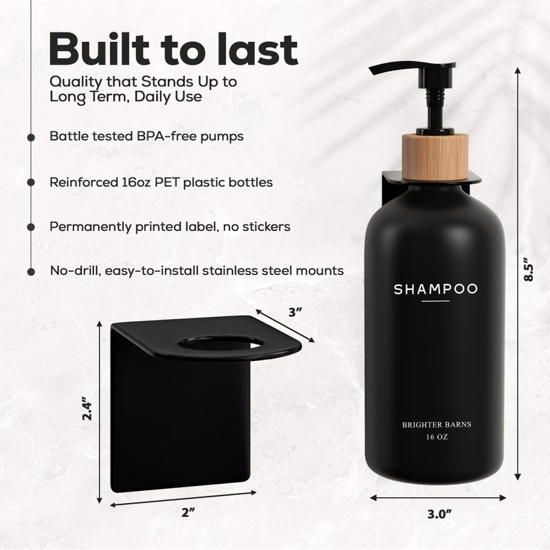 Brighter Barns Black Shampoo and Conditioner Dispenser Set Wall Mounted by Brighter Barns - Shampoo Dispenser for Shower Wall 3 Chamber No Drill - Shower Bottles Refillable with Labels for Bathroom, Airbnb (Black) - Image 3