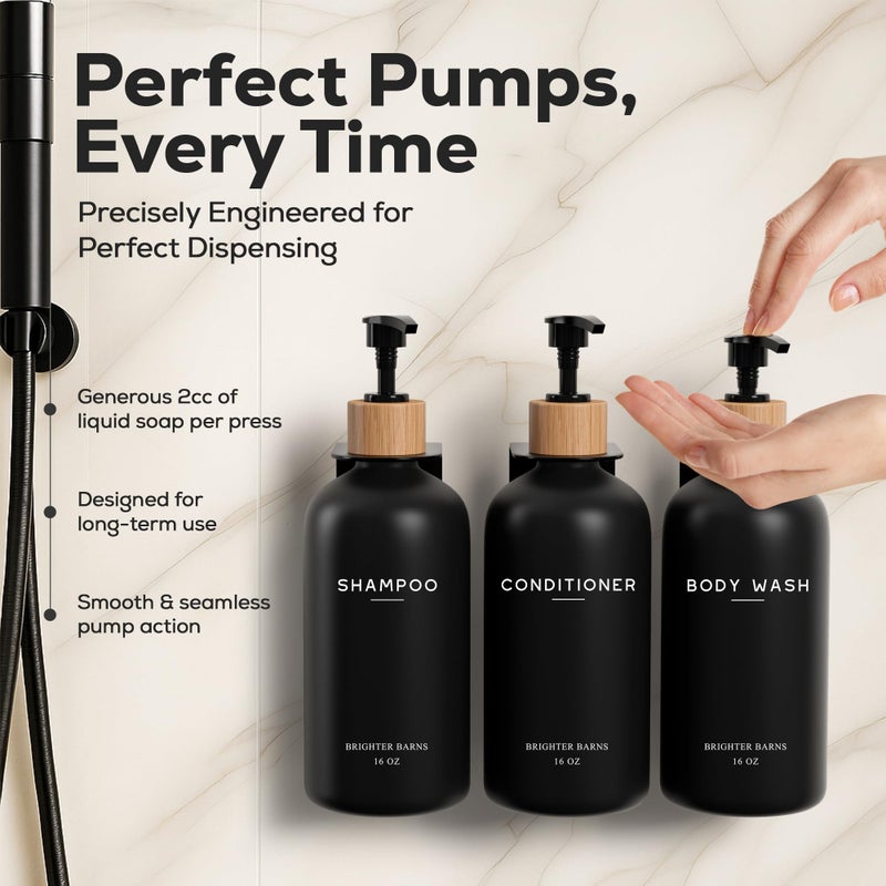 Brighter Barns Black Shampoo and Conditioner Dispenser Set Wall Mounted by Brighter Barns - Shampoo Dispenser for Shower Wall 3 Chamber No Drill - Shower Bottles Refillable with Labels for Bathroom, Airbnb (Black) - Image 4