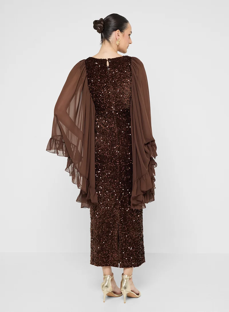 Golden Apple Ruffle Sleeve Sequin Dress