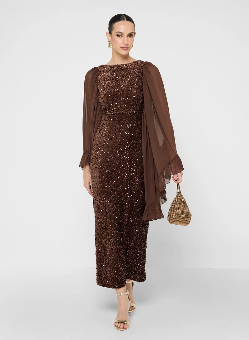 Golden Apple Ruffle Sleeve Sequin Dress