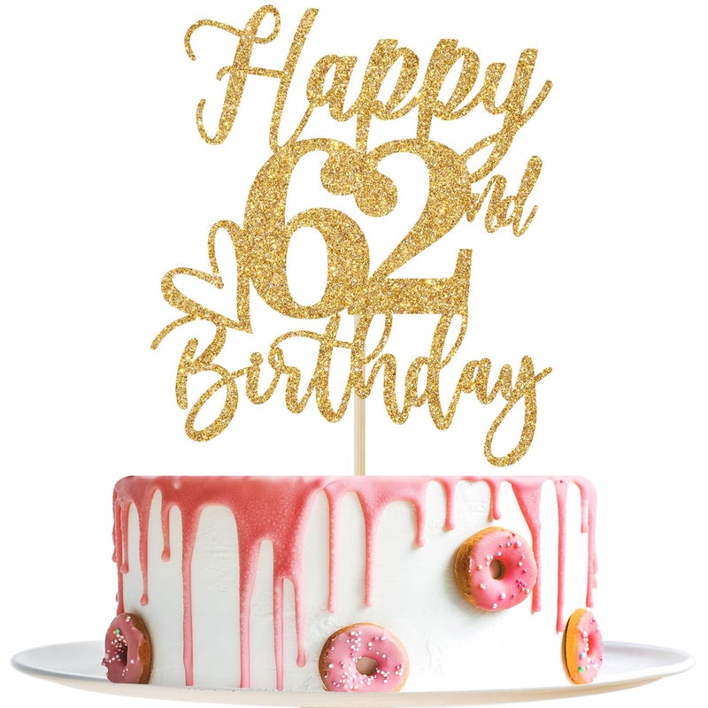 Yotawebery Happy 62nd Birthday Cake Topper  62nd Birthday Decorations for Men/Women  Cheers to 62 Years  Hello 62  62nd Happy Birthday Party Supplies Gold Glitter - Image 1