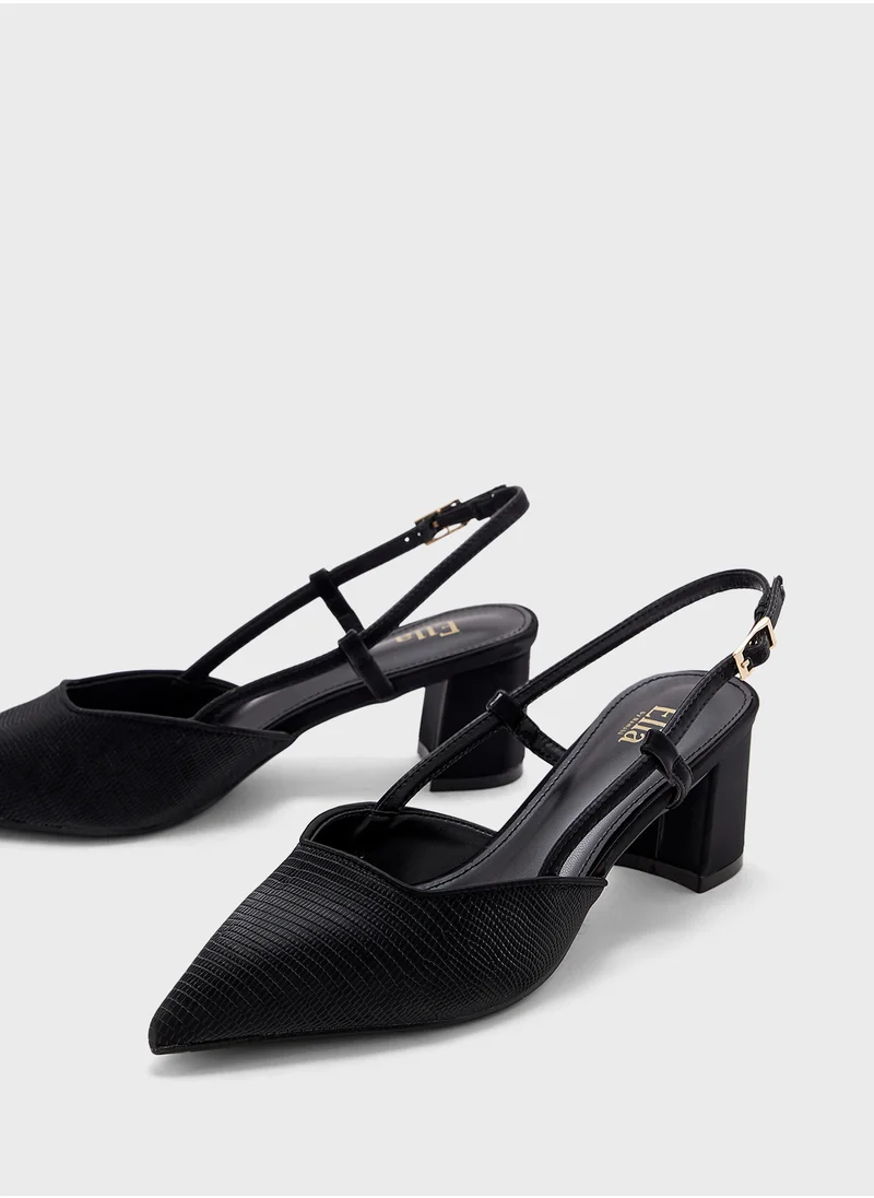 ELLA Textured Block Heel Back Strap Pump