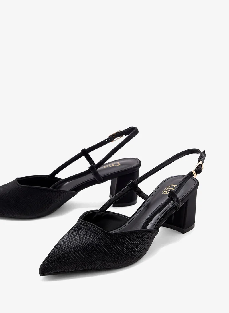 ELLA BLACK Textured Block Heel Back Strap Pump for Women | Best Price UAE