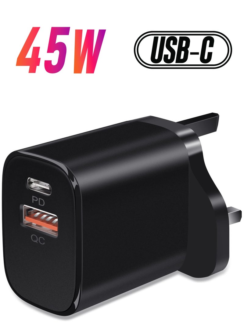 USB C Plug, 45W USB C Charger Plug for i phone 13, 2 Ports PD & QC 3.0 Power Adapter Charger, USB C Wall Charger Fast Charging for i phone 13 Pro/12 Pro Max/11 XS XR X, Samsung, i Pad, Black - Image 1