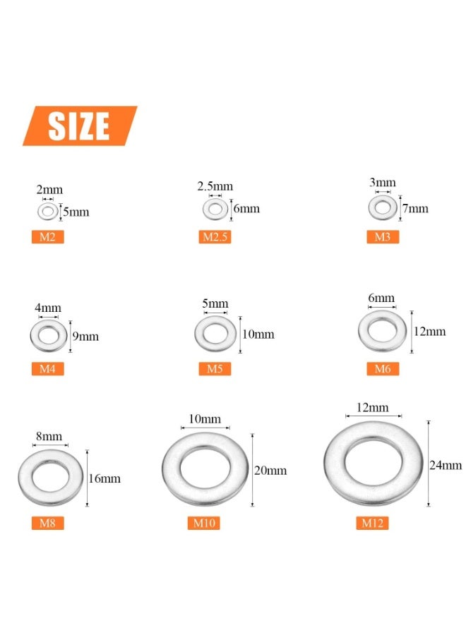600 Pcs 9 Sizes 304 Stainless Steel Flat Washers Assortment Kit (M2 M2.5 M3 M4 M5 M6 M8 M10 M12) - Image 2