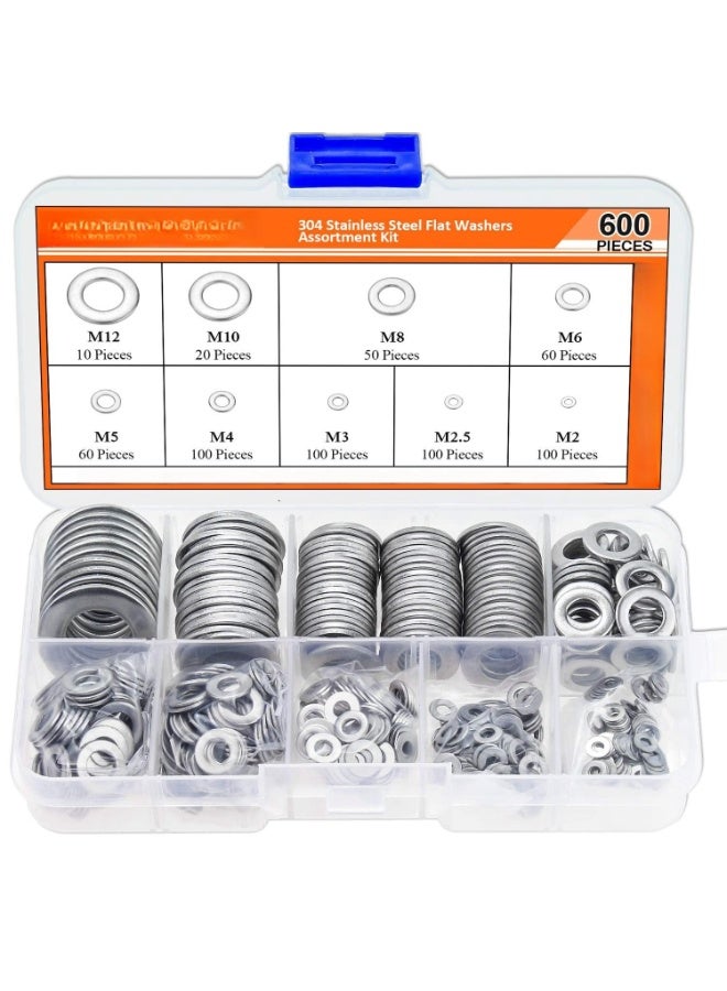600 Pcs 9 Sizes 304 Stainless Steel Flat Washers Assortment Kit (M2 M2.5 M3 M4 M5 M6 M8 M10 M12) - Image 1