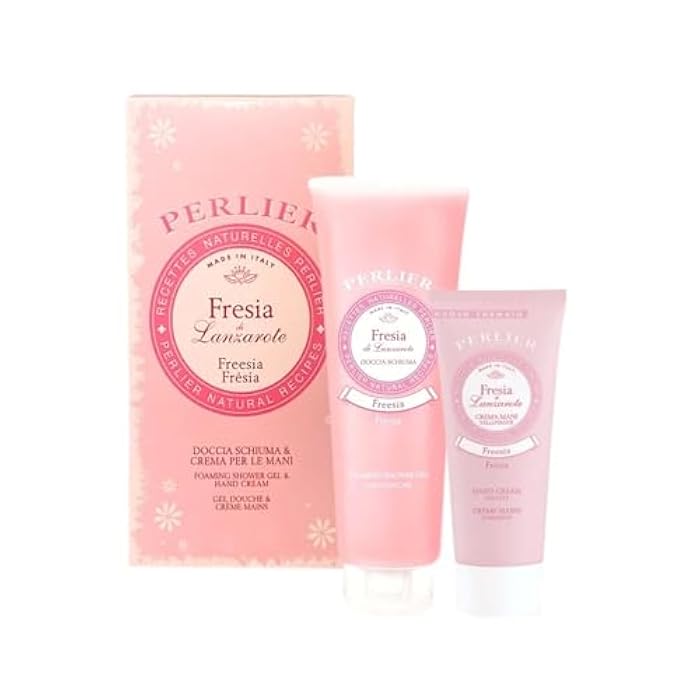 Perlier – Freesia Shower Gel & Hand Cream Gift Set, Shower Gel 8.4 oz + Hand Cream 3.3 oz, Fresh Floral Fragrance, With Sweet Almond Oil, Deeply Hydrating, Soft Skin, Made in Italy, Beauty Gift Set