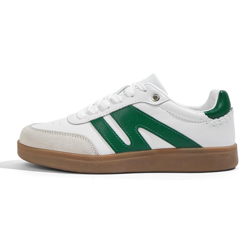LUCKY STEP Women Classic Retro Gum Sole Fashion Sneakers Casual Tennis Skate Shoe Genuine Leather Walking Footwear Anti Slip Trainers(White/Green,8.5) - Image 1