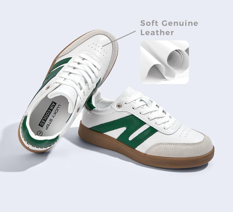 LUCKY STEP Women Classic Retro Gum Sole Fashion Sneakers Casual Tennis Skate Shoe Genuine Leather Walking Footwear Anti Slip Trainers(White/Green,8.5) - Image 3