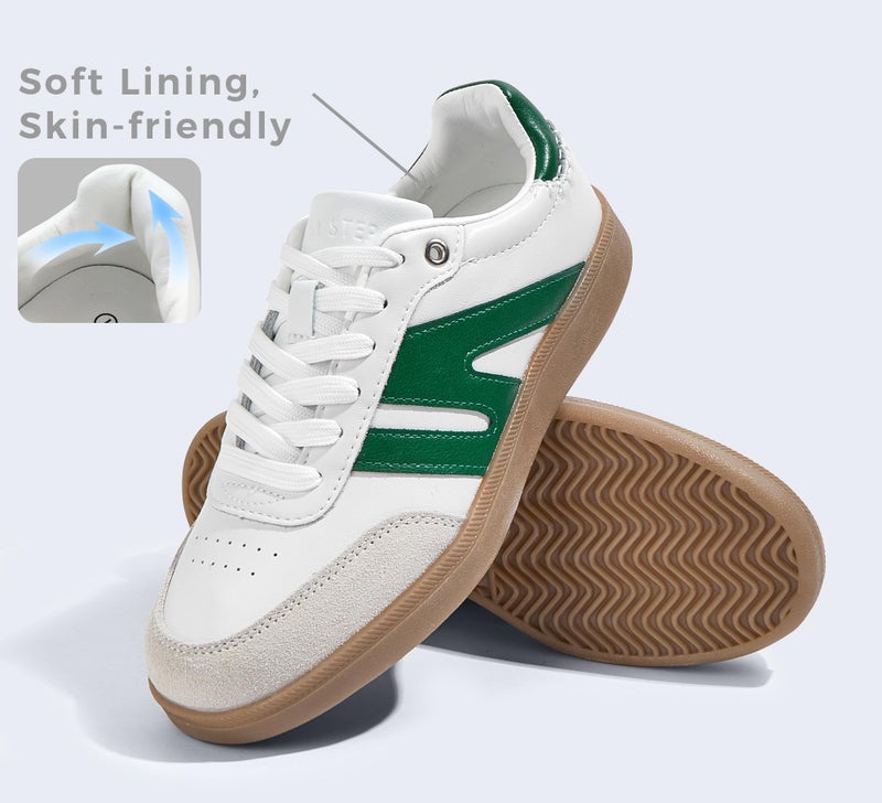 LUCKY STEP Women Classic Retro Gum Sole Fashion Sneakers Casual Tennis Skate Shoe Genuine Leather Walking Footwear Anti Slip Trainers(White/Green,8.5) - Image 4