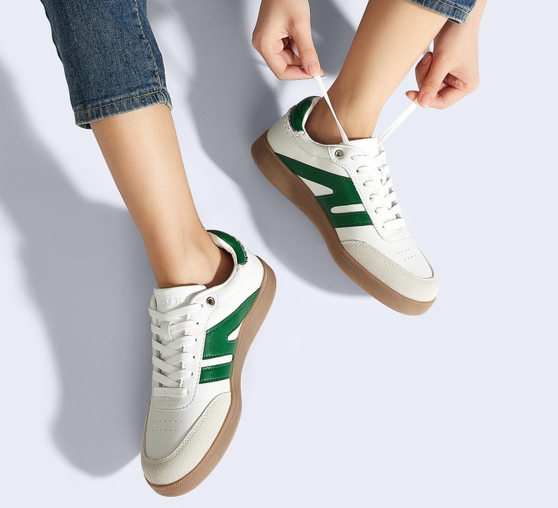LUCKY STEP Women Classic Retro Gum Sole Fashion Sneakers Casual Tennis Skate Shoe Genuine Leather Walking Footwear Anti Slip Trainers(White/Green,8.5) - Image 2