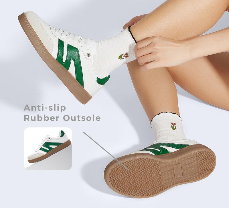 LUCKY STEP Women Classic Retro Gum Sole Fashion Sneakers Casual Tennis Skate Shoe Genuine Leather Walking Footwear Anti Slip Trainers(White/Green,8.5) - Image 5
