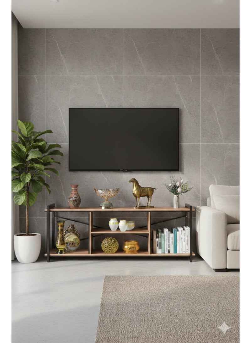 TV Table With A Beautiful And Modern Design, Made Of Wood And Metal Legs, 120x30x45 - Brown - Image 4