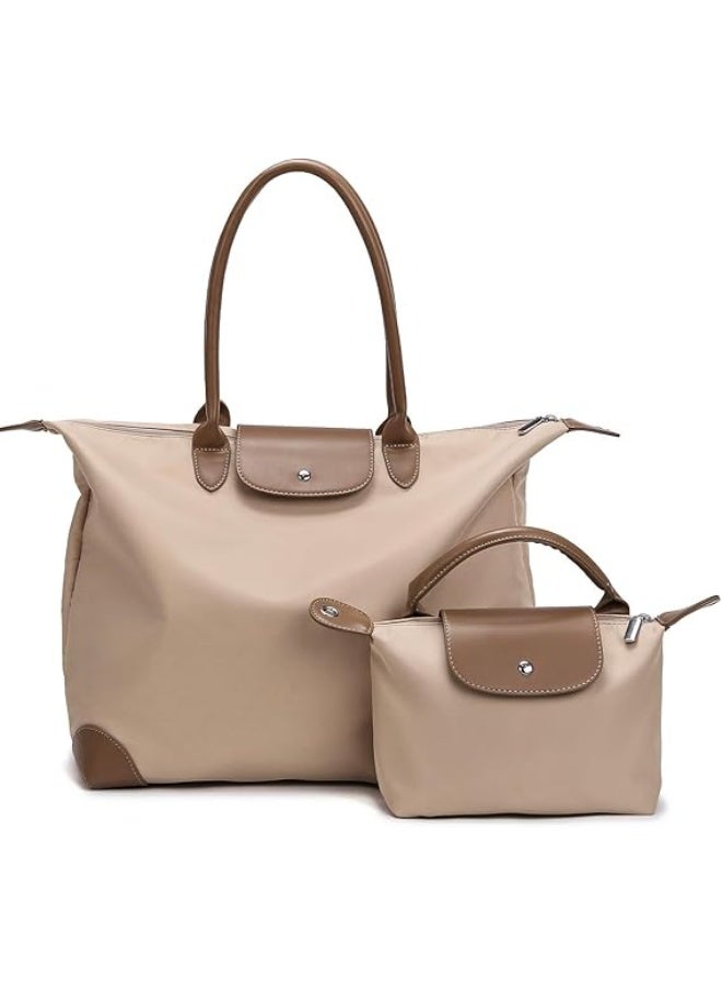 32L Large Travel Tote Bags Zipper for Women, 2 Pcs Carry on Casual Shoulder Bag Handbag with Small Toiletry Bag for School Work Travel Shopping Bags for Women (Brown) - Image 1