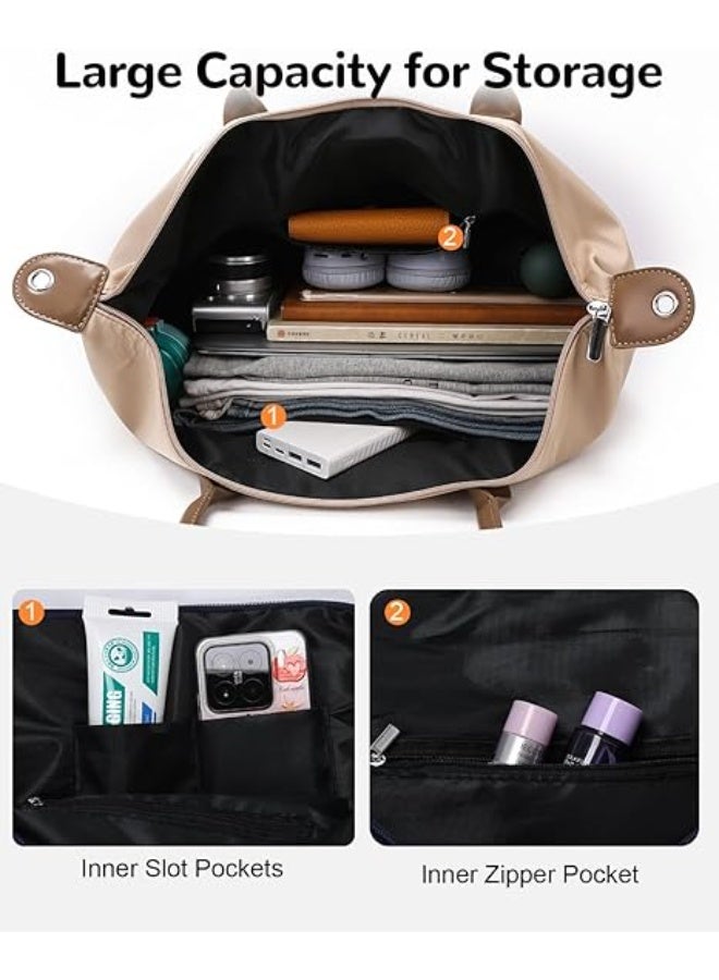 32L Large Travel Tote Bags Zipper for Women, 2 Pcs Carry on Casual Shoulder Bag Handbag with Small Toiletry Bag for School Work Travel Shopping Bags for Women (Brown) - Image 2