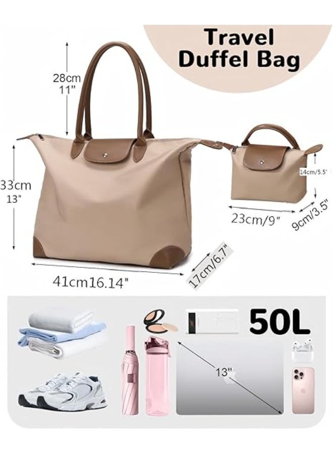 32L Large Travel Tote Bags Zipper for Women, 2 Pcs Carry on Casual Shoulder Bag Handbag with Small Toiletry Bag for School Work Travel Shopping Bags for Women (Brown) - Image 3