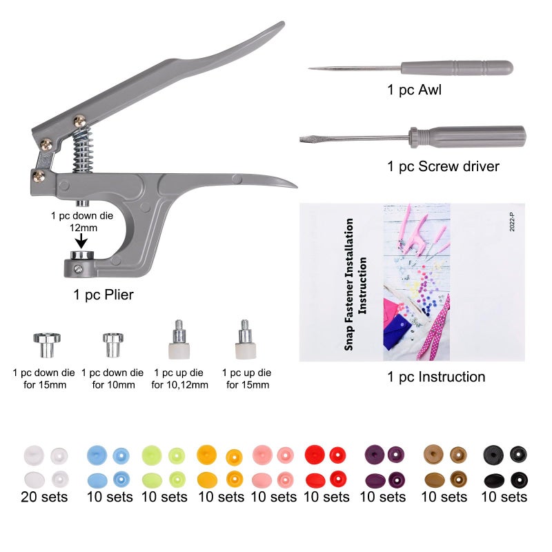 LBTEE Plastic Snap Fastener Kit with Plier Screwdriver Awl and Storage Case, 100 Sets Snaps, 9 Colors T5 Buttons, 12mm Cap. Snap Plier for T3(10mm), T5(12mm), T8(15mm) Buttons, Grey - Image 4