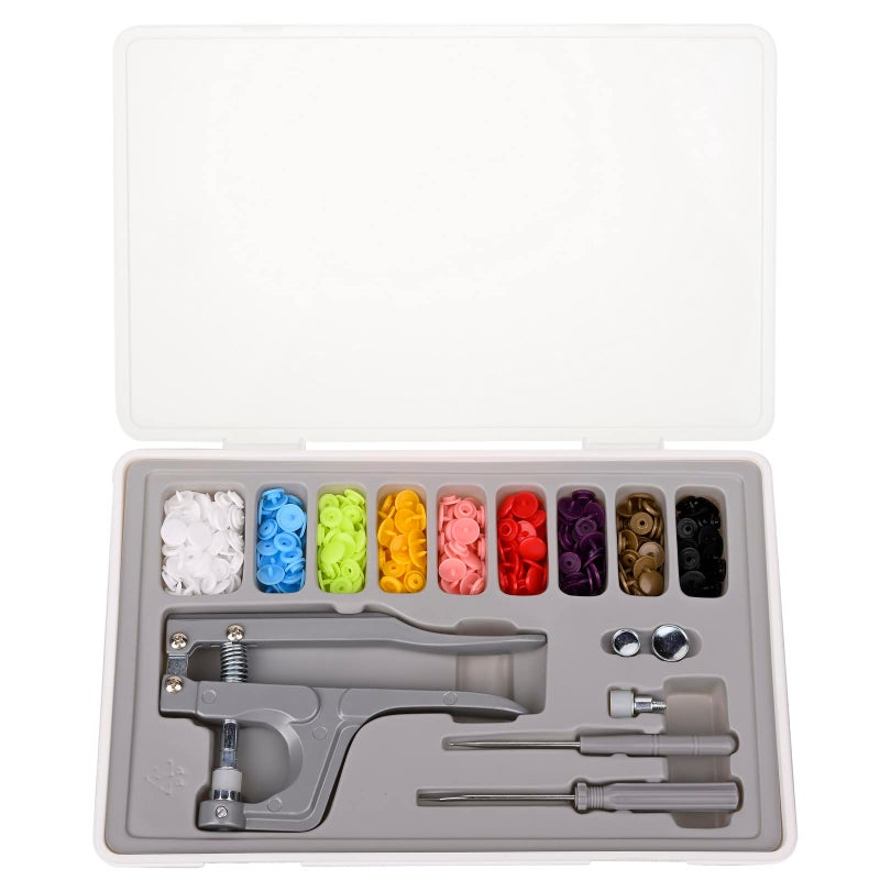 LBTEE Plastic Snap Fastener Kit with Plier Screwdriver Awl and Storage Case, 100 Sets Snaps, 9 Colors T5 Buttons, 12mm Cap. Snap Plier for T3(10mm), T5(12mm), T8(15mm) Buttons, Grey - Image 1