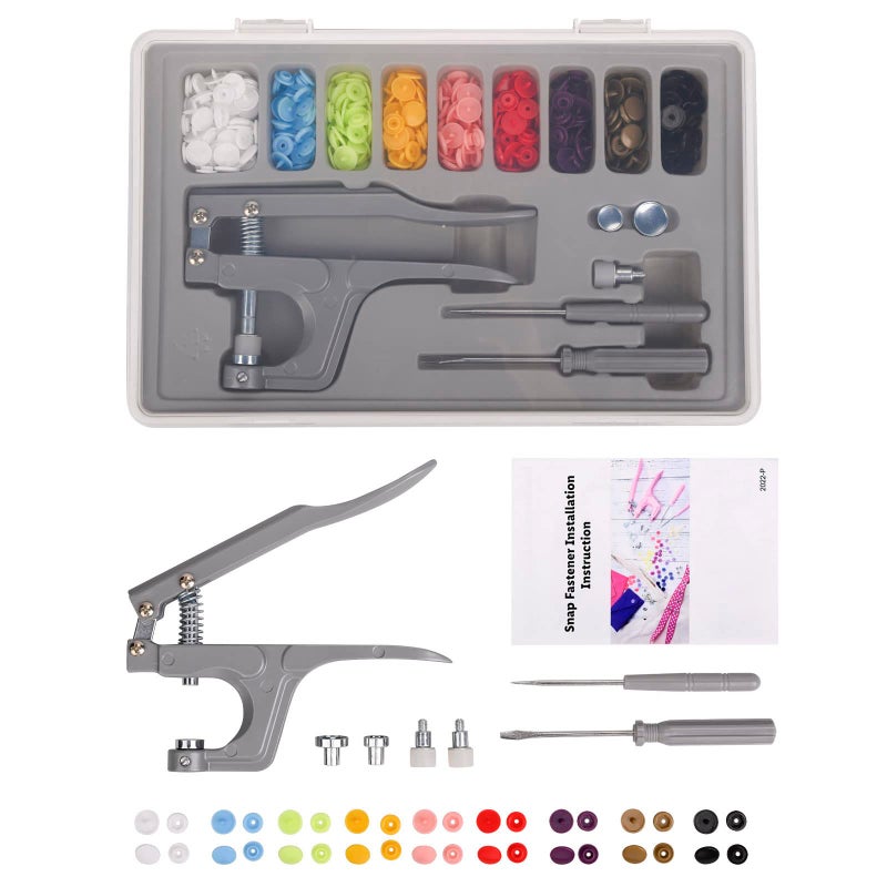 LBTEE Plastic Snap Fastener Kit with Plier Screwdriver Awl and Storage Case, 100 Sets Snaps, 9 Colors T5 Buttons, 12mm Cap. Snap Plier for T3(10mm), T5(12mm), T8(15mm) Buttons, Grey - Image 2