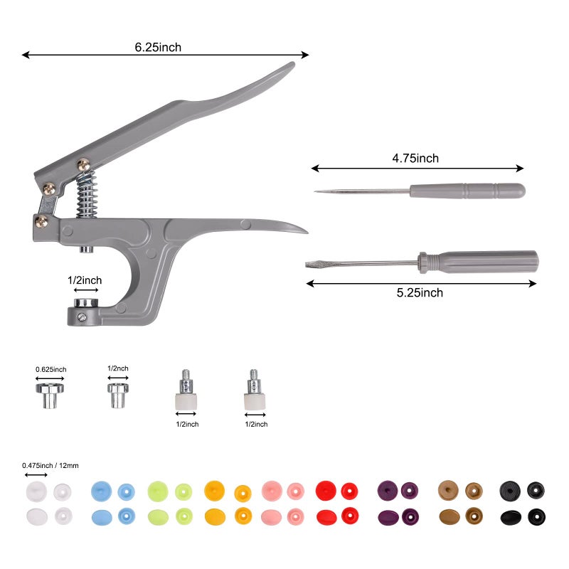 LBTEE Plastic Snap Fastener Kit with Plier Screwdriver Awl and Storage Case, 100 Sets Snaps, 9 Colors T5 Buttons, 12mm Cap. Snap Plier for T3(10mm), T5(12mm), T8(15mm) Buttons, Grey - Image 5