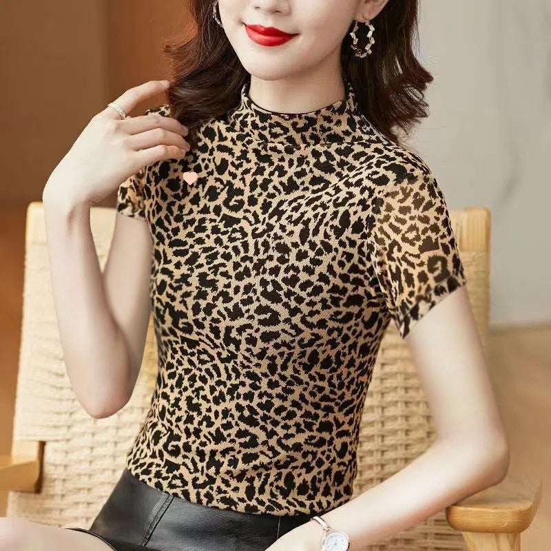 Middle-Aged Mother Large Size Sleeve Short Round Neck Thin Fashionable Stylish Printed All-Match Shirt Base-Shirt T-Shirt - Image 1
