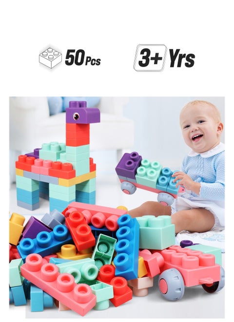 50 PCS Soft Rubber Building Blocks Set, Montessori Education Toy, STEM DIY Blocks for Early Development, 3D Boilable Bite-Resistant Teethers, Safe & Smooth Silicone Sensory Stacking Rock, Large Construction Bath Toy for Toddlers, Ideal for Kids Age 12 Months+