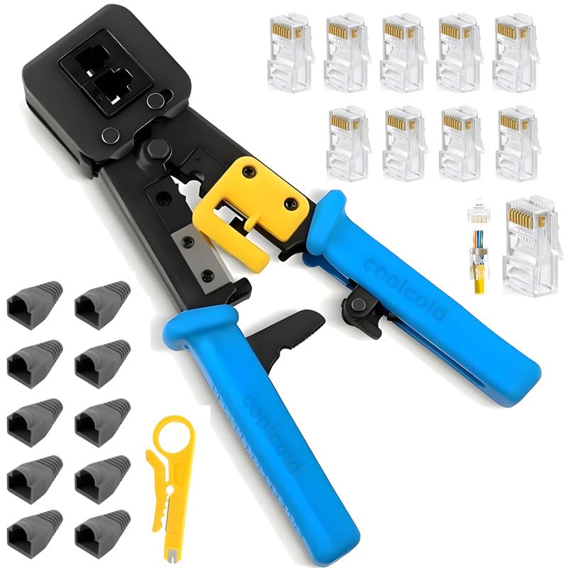 COOLCOLD RJ45 Crimping Tool Kit for Cat5/Cat5e/Cat6 | Pass-Through Ethernet Crimper with Wire Cutter, Cable Stripper, 10 RJ45 Connectors & Boots | Professional LAN Network Tool Set - Image 1