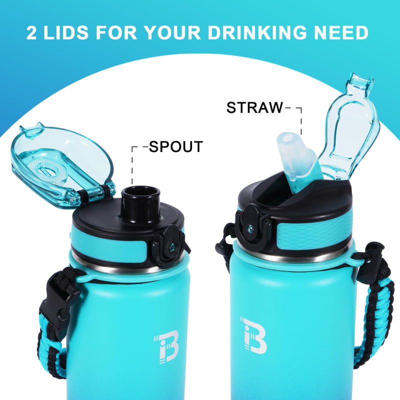 TOPBADE Insulated Sports Water Bottle 2 Lids(with Straw/No Straw), 24oz Stainless Steel Water Bottle with Paracord Handle, Sports Metal Water Canteen for outdoor and school - Image 2