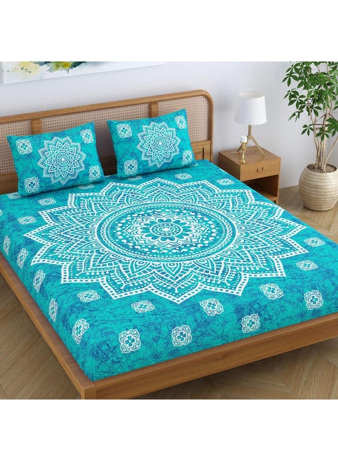 SheetKart Cotton Blend Traditional Mandala Jaipuri Printed Bedsheet for King Size Double Bed with 2 Pillow Covers - Sea Green - Image 1