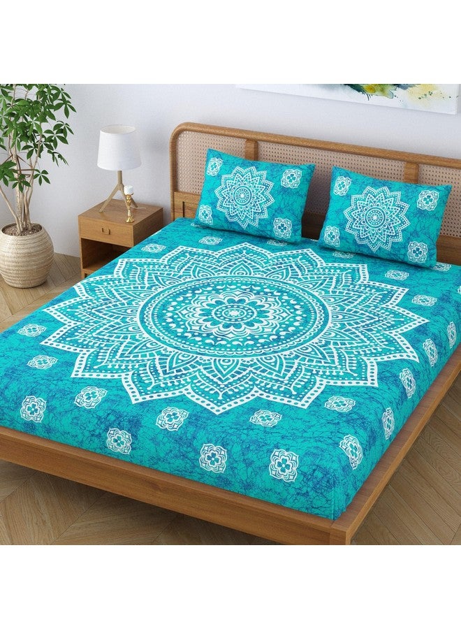 SheetKart Cotton Blend Traditional Mandala Jaipuri Printed Bedsheet for King Size Double Bed with 2 Pillow Covers - Sea Green - Image 3