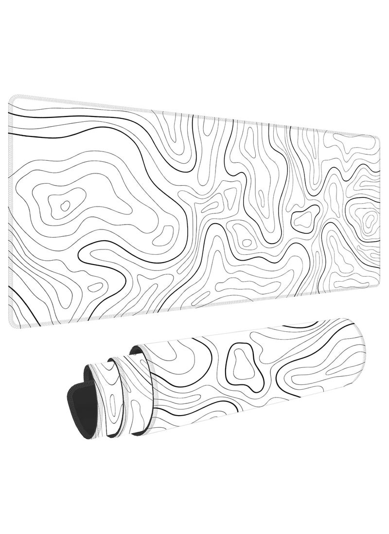 NNEWVANTE - Super Smooth Fabric,Minimalist Desk Mat Topographic Pattern Gaming Mouse Pad Large Desk Pad with Stitched Edges Gaming Mousepad Aesthetic Deskmat, Keyboard Pad for Women Desk 31.5"x11.8" White - Image 1