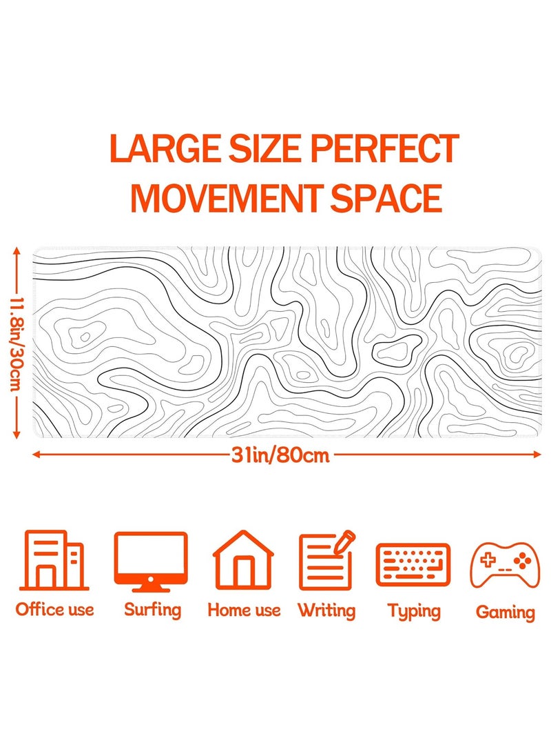 NNEWVANTE - Super Smooth Fabric,Minimalist Desk Mat Topographic Pattern Gaming Mouse Pad Large Desk Pad with Stitched Edges Gaming Mousepad Aesthetic Deskmat, Keyboard Pad for Women Desk 31.5"x11.8" White - Image 1