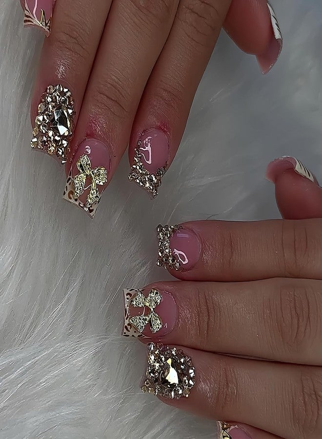 Jremg Leopard Print French Tip Press on Nails Short Square Fake Nails with Rhinestones Designs 3D Gold Bow Charms False Nails Reusable Glossy Nude Pink Glue on Nails for Women 24Pcs - Image 1