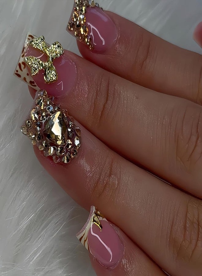 Jremg Leopard Print French Tip Press on Nails Short Square Fake Nails with Rhinestones Designs 3D Gold Bow Charms False Nails Reusable Glossy Nude Pink Glue on Nails for Women 24Pcs - Image 2