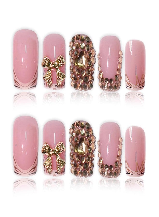 Jremg Leopard Print French Tip Press on Nails Short Square Fake Nails with Rhinestones Designs 3D Gold Bow Charms False Nails Reusable Glossy Nude Pink Glue on Nails for Women 24Pcs - Image 4
