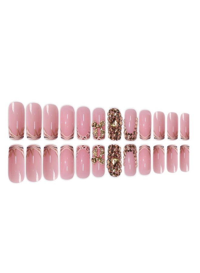 Jremg Leopard Print French Tip Press on Nails Short Square Fake Nails with Rhinestones Designs 3D Gold Bow Charms False Nails Reusable Glossy Nude Pink Glue on Nails for Women 24Pcs - Image 5