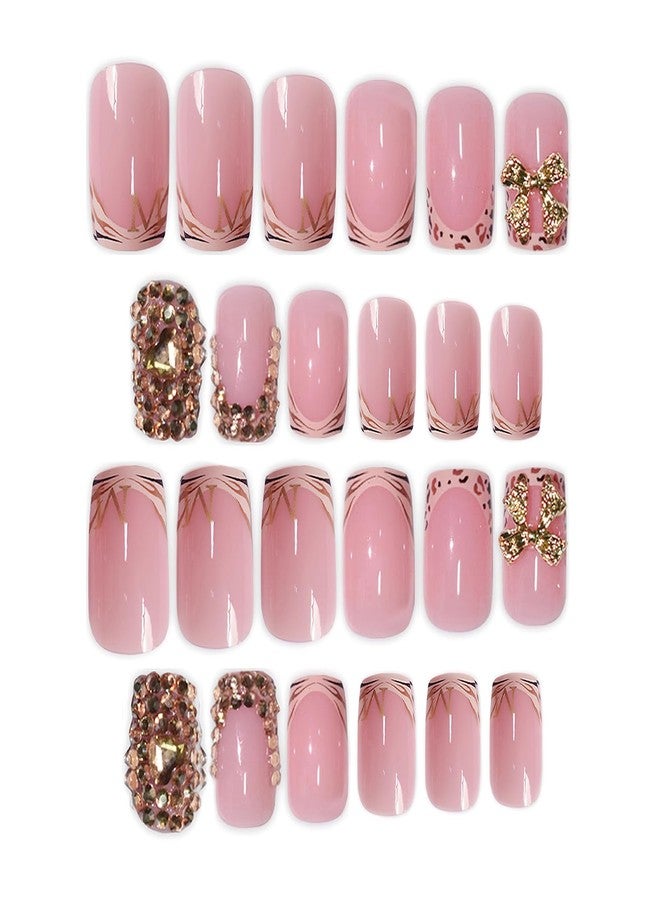 Jremg Leopard Print French Tip Press on Nails Short Square Fake Nails with Rhinestones Designs 3D Gold Bow Charms False Nails Reusable Glossy Nude Pink Glue on Nails for Women 24Pcs - Image 3