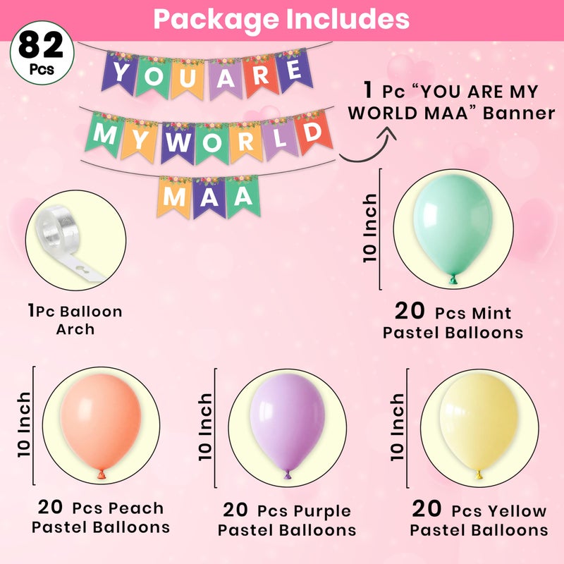 1iAM Happy Mother's Day Decorations Items Combo Pack of 82 - Multicolor "YOU ARE MY WORLD MAA" Printed Paper Banner, 80pcs Balloon & Arch For Party Supplies For Amma, Mumma, Mom, Maa, Mother in Law - Image 2