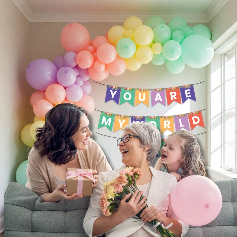 1iAM Happy Mother's Day Decorations Items Combo Pack of 82 - Multicolor "YOU ARE MY WORLD MAA" Printed Paper Banner, 80pcs Balloon & Arch For Party Supplies For Amma, Mumma, Mom, Maa, Mother in Law - Image 3